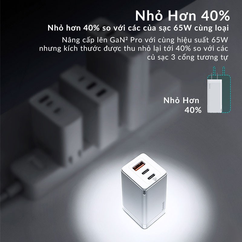 Củ Sạc Nhanh Baseus 45W 65W 120W GaN ,GaN 2 Pro Sạc Cho Laptop Macbook iPad iPhone Samsung Chân Dẹp Gập Tiện Lợi