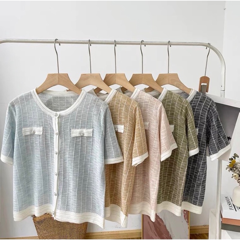 [Ảnh thật/Video]Cadigan ngắn tay 256 cúc nhọc hai bên Hàn Quốc loại 1 tone màu mát mắt Áo len mongtogi Quảng Châu