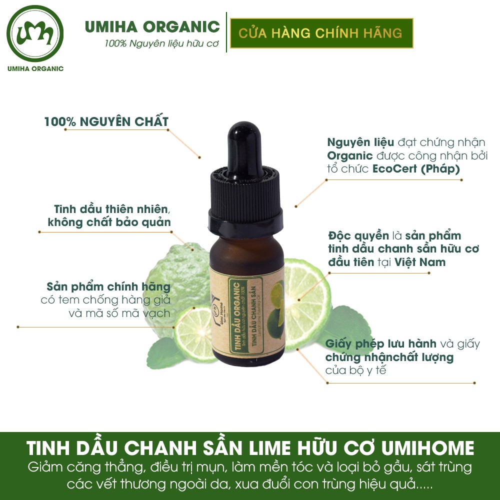 Tinh dầu Chanh Sần Lime hữu cơ UMIHOME nguyên chất - Dùng xông giảm stress, giảm cảm lạnh, cúm, ho, viêm xoang, đau họng