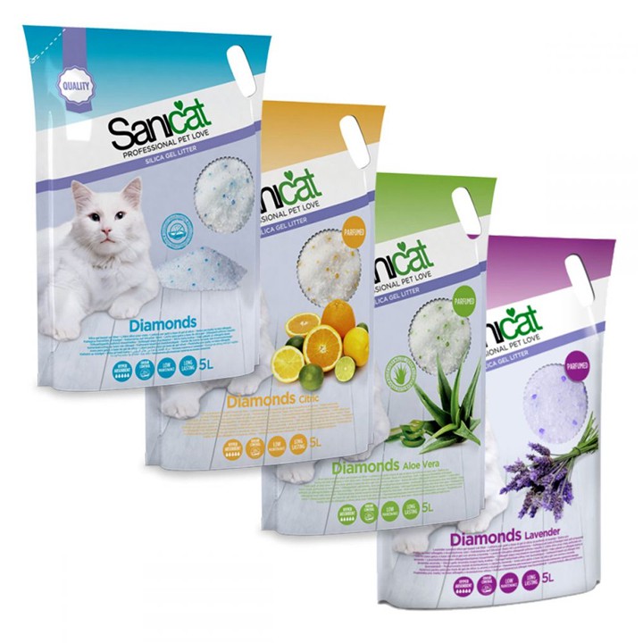 Cát vệ sinh thủy tinh cho mèo SaniCat Diamonds Lavender 5L hương hoa oải hương
