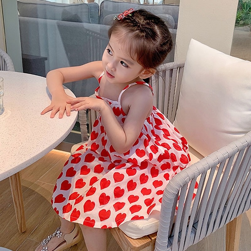 Đầm Công Chúa Hai Dây Xếp Ly Chấm Bi Có Dây Đeo Cho Bé Gái Se7en