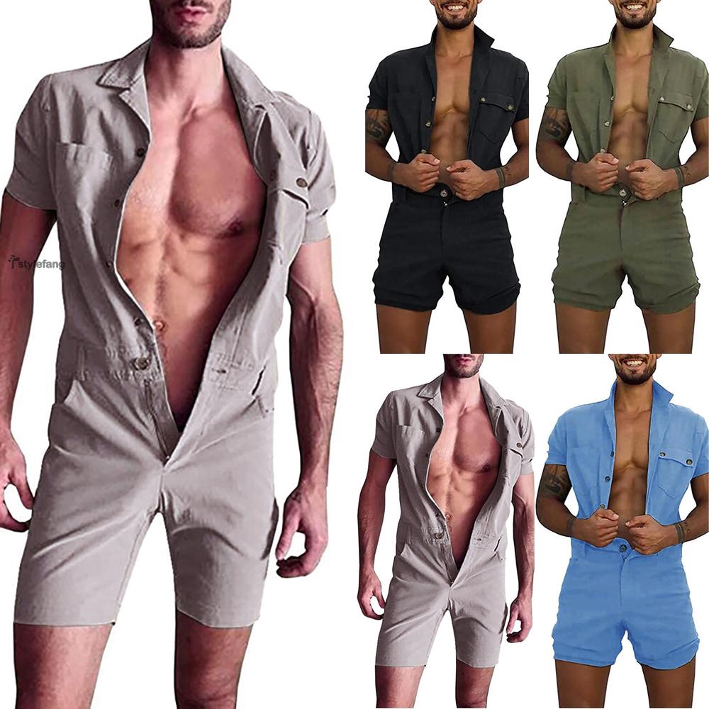 Mens One Piece Combat Shorts Workout Playsuit Lapel Buttons Pocket Cargo Summer Mens Casual Short Sleeve Rompers