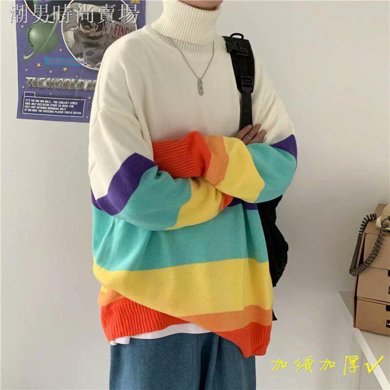 Áo Sweater Cổ Cao Kẻ Sọc Màu Cầu Vồng Thời Trang Cho Cặp Đôi