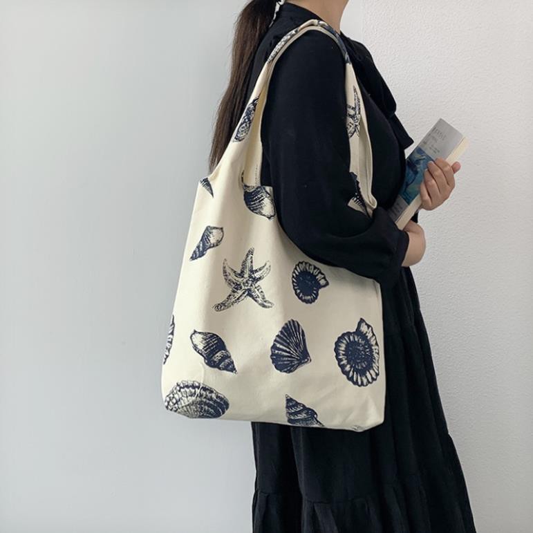 Túi Tote Vải Canvas Nữ đeo vai xách tay Quai Tròn Ulzzang cao cấp vải sò biển Châu Âu HB118