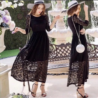 Đầm maxi ren đen tay lỡ siêu xinh -size M-L