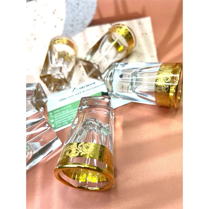 Bộ 6 chén ly rượu thủy tinh đế vuông dày cao cấp sang trọng họa tiết khảm họa tiết vàng