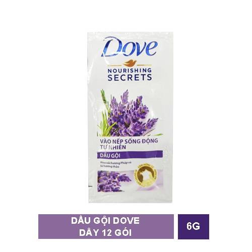Dây 12 gói 6g Dầu gội Dove Vào Nếp Sống động tự nhiên_Hoa Oải Hương Pháp Và Hương Thảo