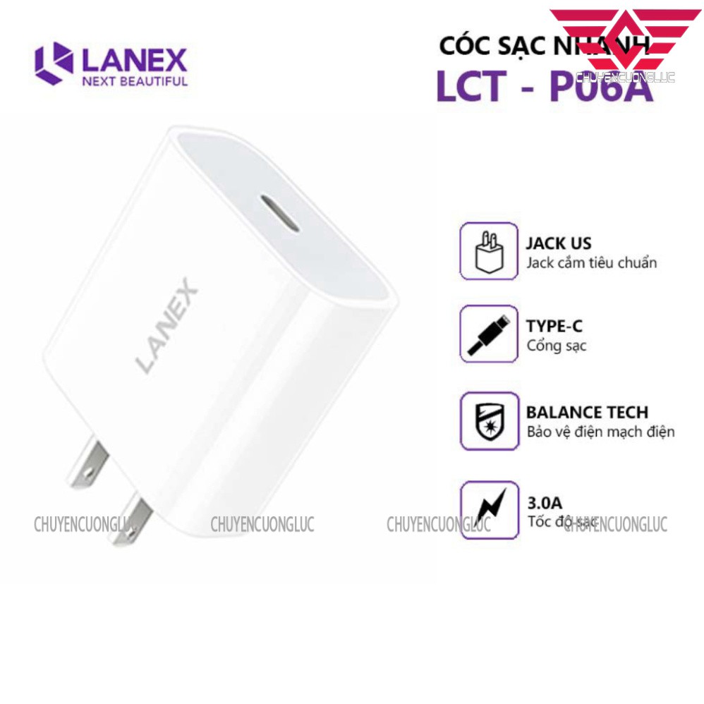 Cóc sạc nhanh cổng Type C 3.0A 20W tương thích nhiều thiết bị mã Lanex LCK-P06A