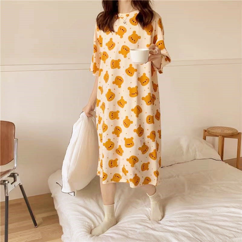 Đồ ngủ Tay Ngắn Dáng Rộng In Hình Gấu Dễ Thương Thời Trang Mùa Hè Cho Nữ