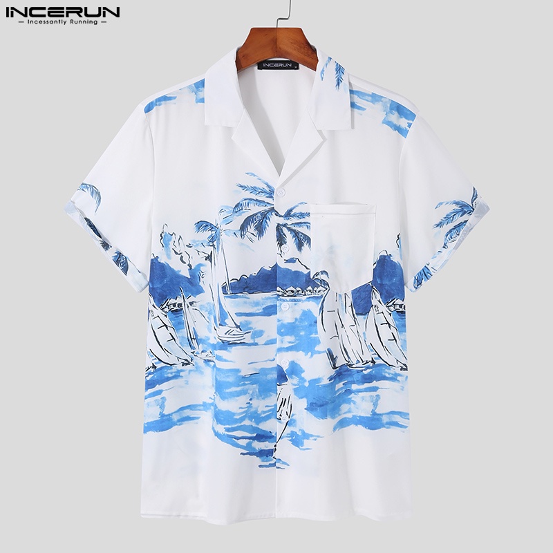 INCERUN Áo Sơ Mi Ngắn Tay In Họa Tiết Thời Trang Đi Biển Mùa Hè Cho Nam