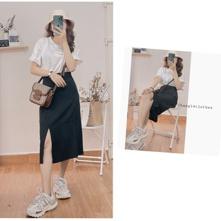 Chân váy lụa trơn dài xẻ tà trước