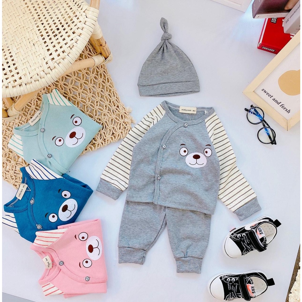 (Tặng kèm mũ) bộ sơ sinh cài lệch vải thun tăm dày mùa đông cho bé 3-9kg