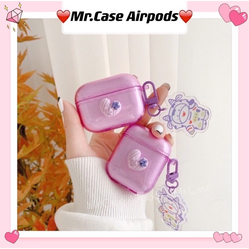 Case Airpods 1/2 /Pro Vỏ Ốp Tai Nghe Màu Tím Trơn Tim Nổi ( kèm móc bò sữa  )?- Mr.Case AirPods