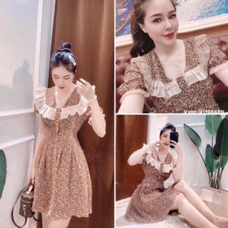 V462 Váy Hoa Nhí Cổ Sen Bèo, Chất Voan Lụa Quảng Châu, Túi Zip xịn xò