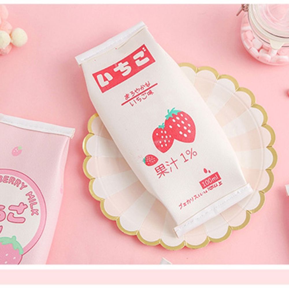 Túi đựng bút bằng da PU hình hộp sữa dâu chống nước sáng tạo