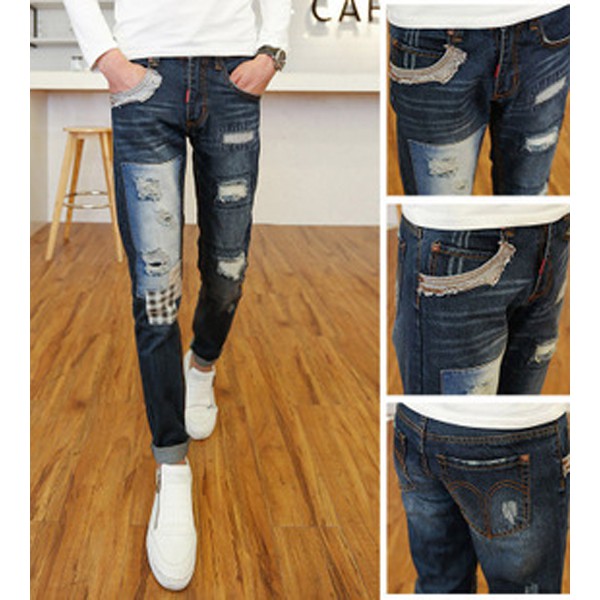 Quần Nam, quần jeans nam rách vá caro, RY0660
