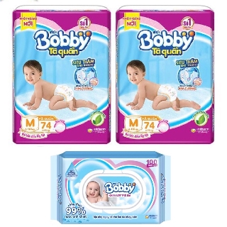 [TẶNG 100 miếng khăn ướt Bobby] Bộ 2 gói Tã quần Bobby siêu khô thoáng M74/L68