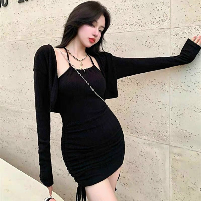 SET ĐẦM ĐEN RÚT KÈM KHOÁC - Hàng có sẵn - Kèm Ảnh thật