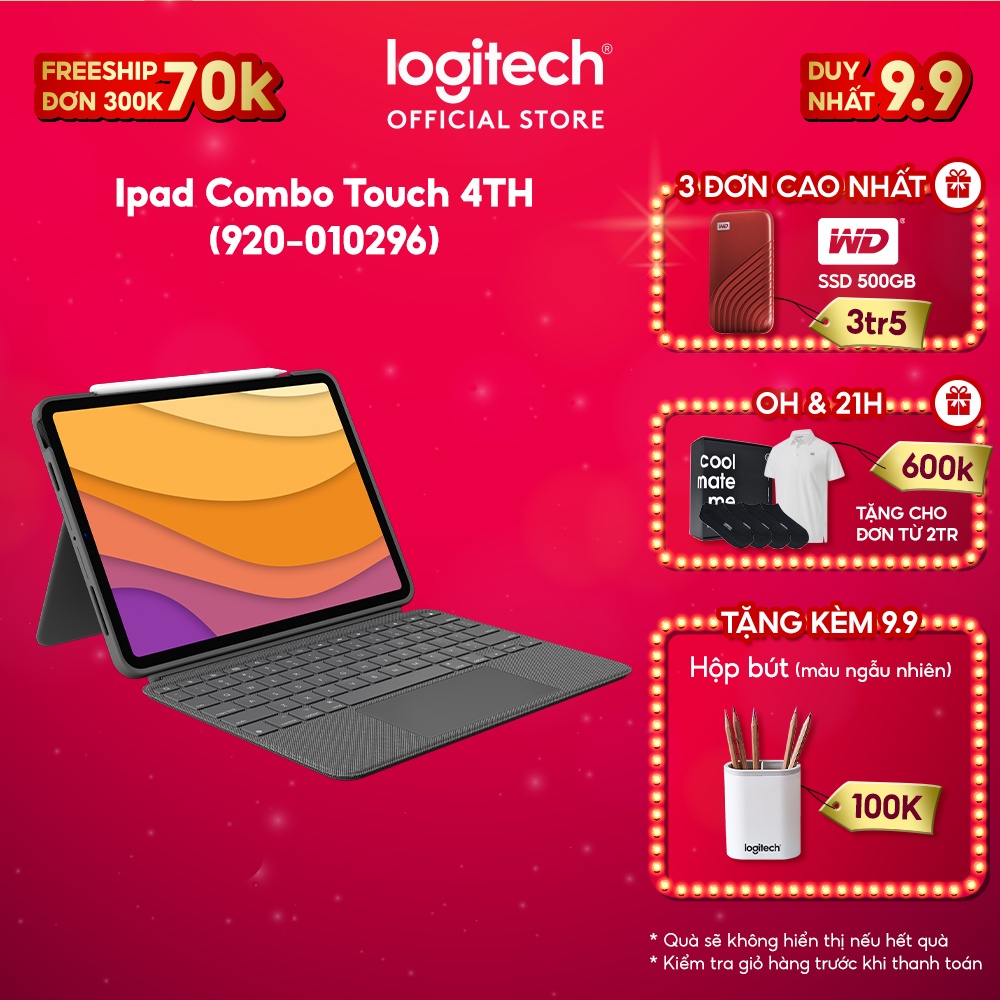 Bao da kèm bàn phím Logitech Combo Touch dành cho iPad Air Gen 4 & 5 -Backlit tháo rời, Trackpad siêu nhạy