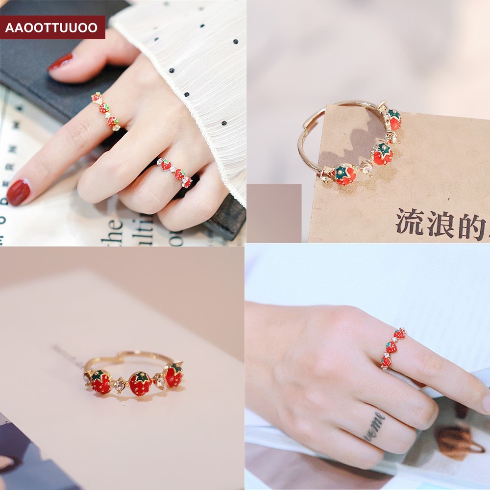 Nhẫn Hở Hình Trái Dâu Đính Đá Zircon Phong Cách Hàn Quốc