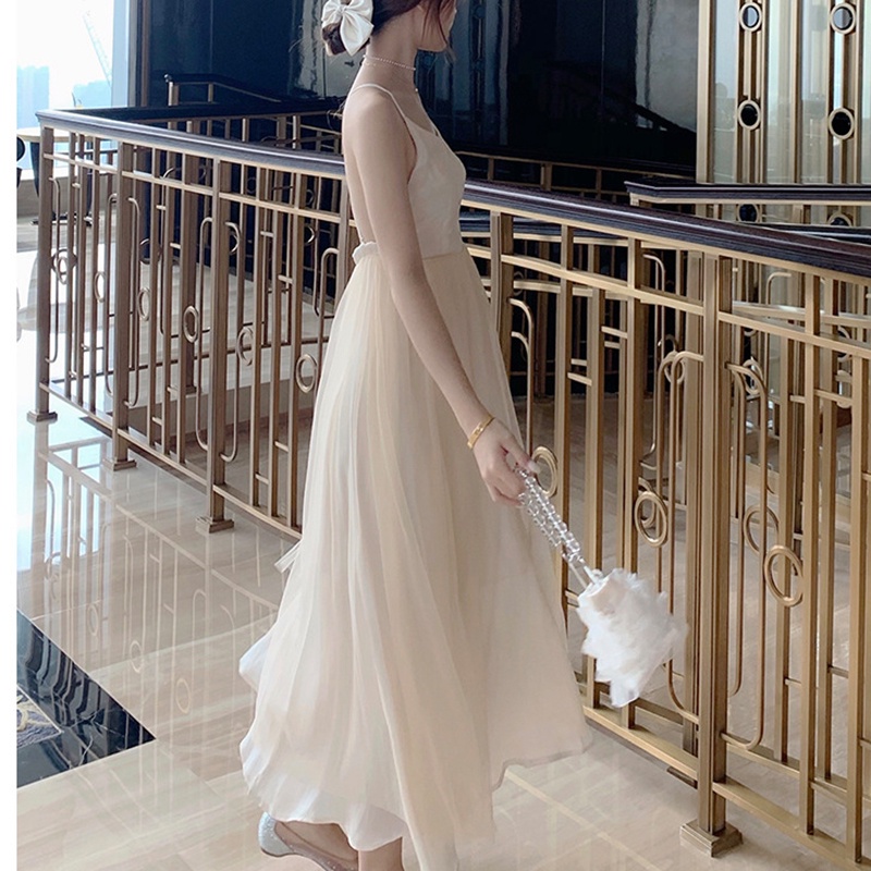 IELGY Đầm Dài Không Tay Cổ Chữ V Màu Trơn Thời Trang Dành Cho Nữ