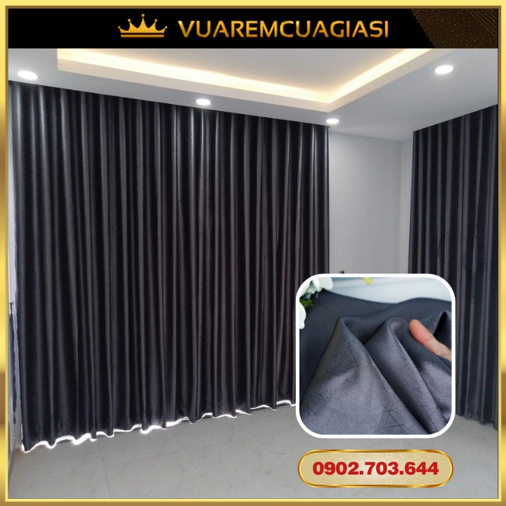 Rèm cửa xám đậm may rido, ore đục lỗ, dán tường dùng trang trí nhà cửa chính, vải màn cửa sổ