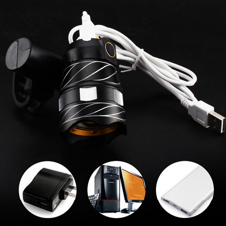 Đèn pha xe đạp siêu sáng sạc usb chống nước led T6 3 chế độ sáng