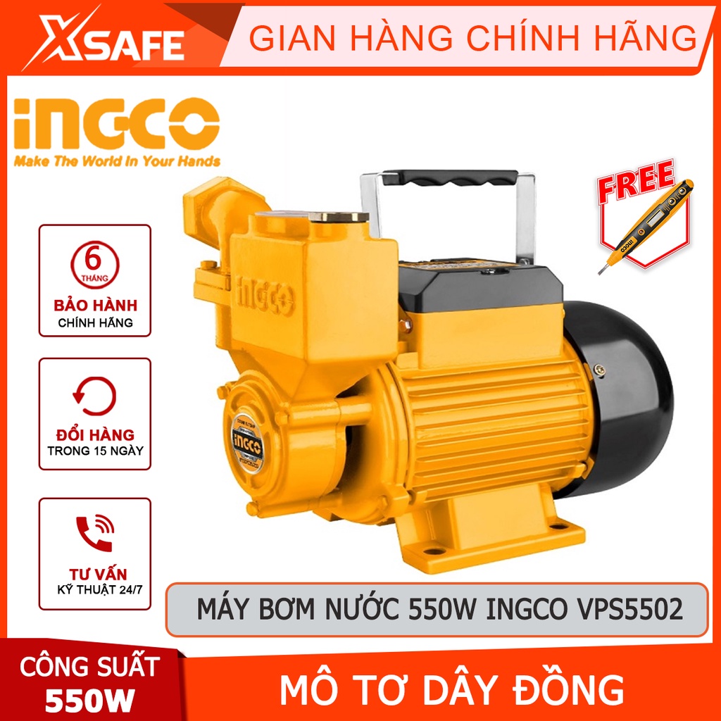 Máy bơm nước INGCO VPS5502 Máy bơm tăng áp 550W(0.75HP), chiều cao bơm 40m, độ hút sâu 8m, mô tơ dây đồng tăng áp lực