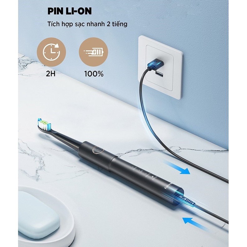 Bàn chải đánh răng điện Fairywill D7+ 4 đầu bàn chải thay thế. 5 chế độ làm sạch. Công nghệ làm sạch bằng sóng siêu âm