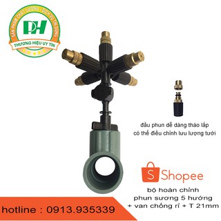 béc phun sương bộ 5 béc 5 hướng đầu đồng gắn T 21mm