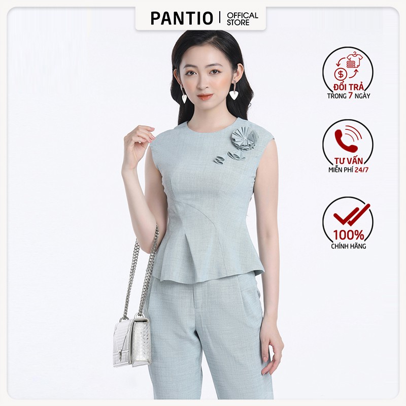 Áo sơ mi nữ ngắn tay, gắn hoa cách điệu trước ngực, tà áo xếp ly BAS32283 - PANTIO