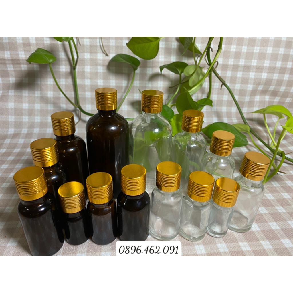 CHAI THỦY TINH THÂN TRONG/THÂN NÂU NẮP VẶN XI VÀNG, CHAI ĐỰNG TINH DẦU 5ML/10ML/15ML/20ML/30ML/50ML/100ML