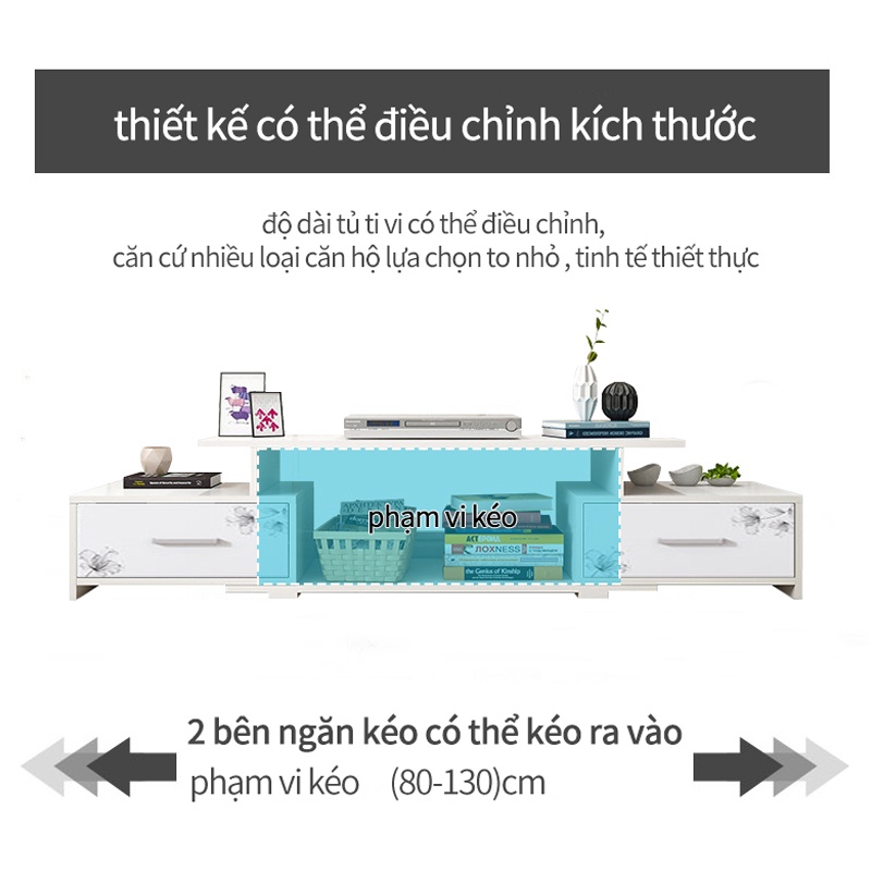 Tủ TV kệ tivi màu trắng có thể co giãn độ dài khoảng từ 80-130cm - ST33