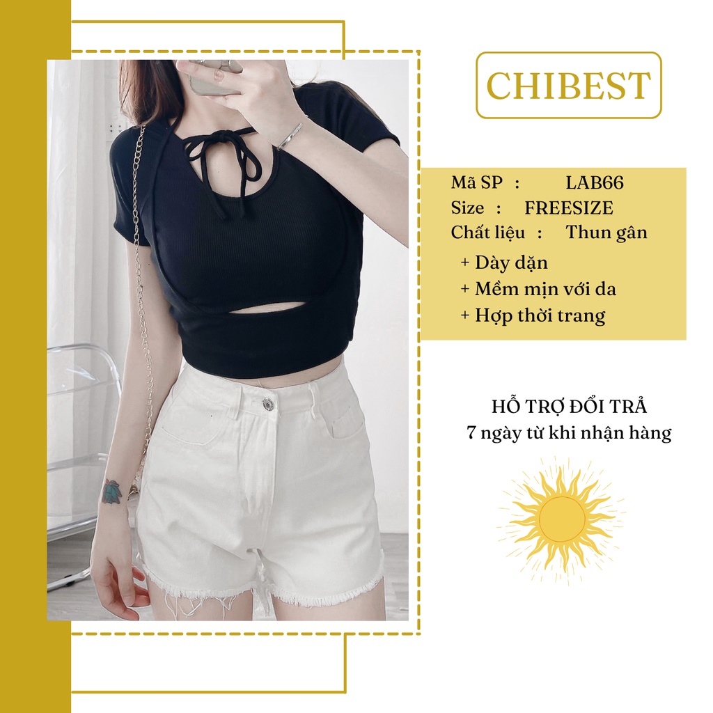 Áo thun CROPTOP kiểu nữ giả 2 lớp phối dây buộc cổ sexy CHIBEST LAB66