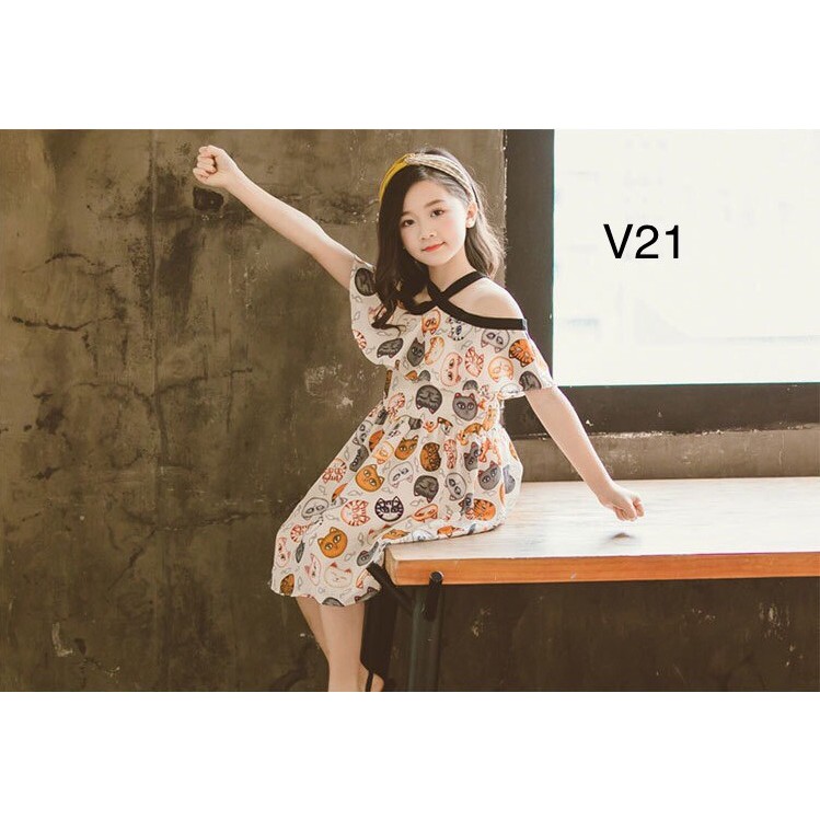 Váy xòe trễ vai họa tiết mèo xinh xắn, chất vải cái Hàn cho bé gái Kiddysun V21