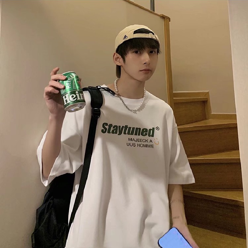 Áo Thun Ngắn Tay Form Rộng Họa Tiết Kẻ Sọc Phong Cách Hàn Quốc Cho Nam