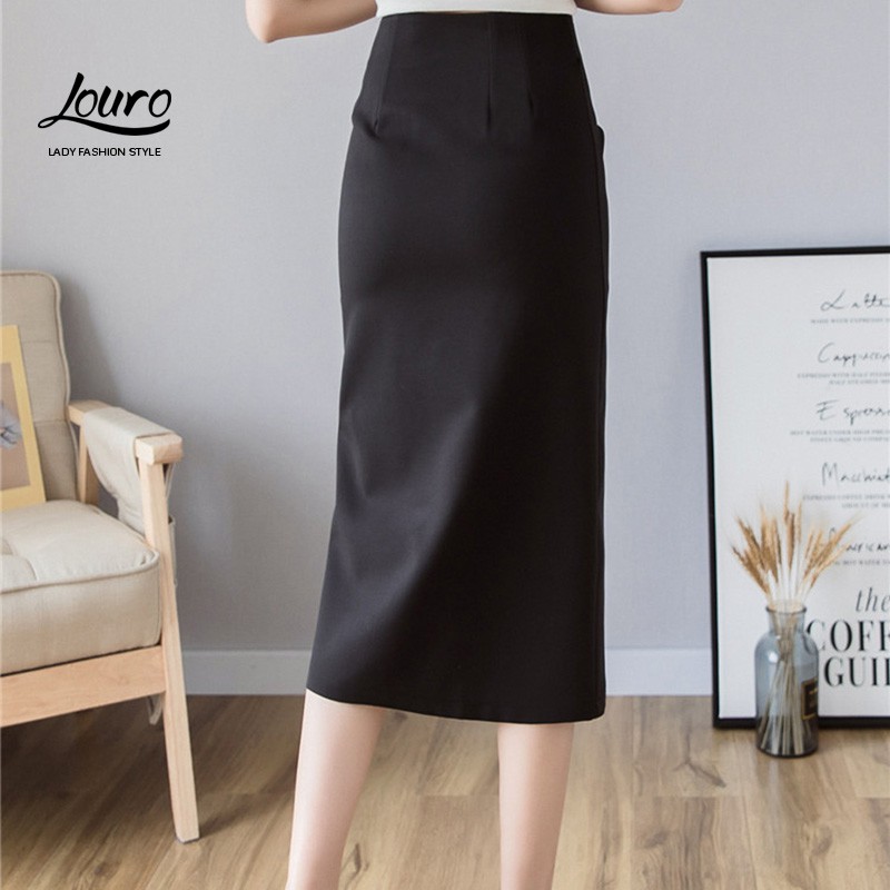 Chân váy công sở đẹp Louro L701, KÈM ẢNH THẬT mẫu váy dáng dài xẻ, thắt nơ eo