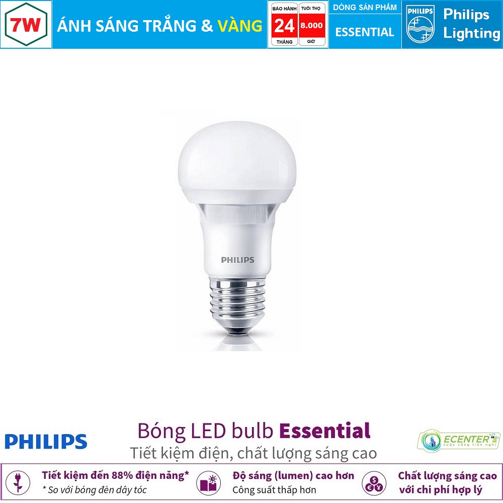 Bóng LED Bulb Philips Essential 7W E27 ( Ánh sáng trắng + vàng )