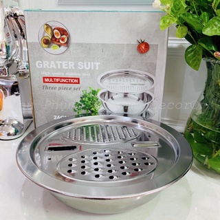 Set 3 món thau rổ nạo củ quả bằng inox đa năng 3 in 1