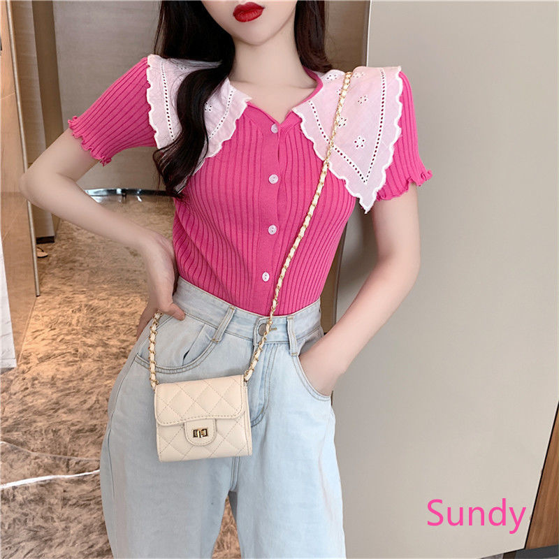 Women's Summer Doll Collar Stitching New Style Slim-fit Knitted Top