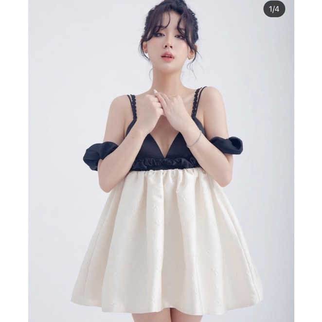 ĐẦM BRA ĐEN 2 DÂY RỚT VAI PHỐI XOÈ