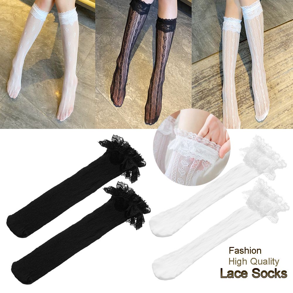 Đôi vớ lưới dài cao đến đầu gối hoạ tiết hoa/trái tim đính nơ co giãn thời trang Lolita chất lượng cao cho nữ