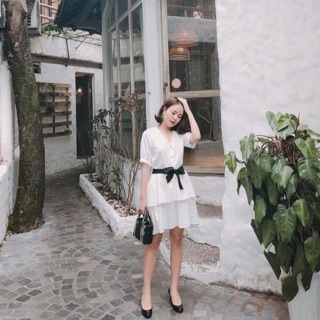 Váy trắng 2 tầng có đai buộc