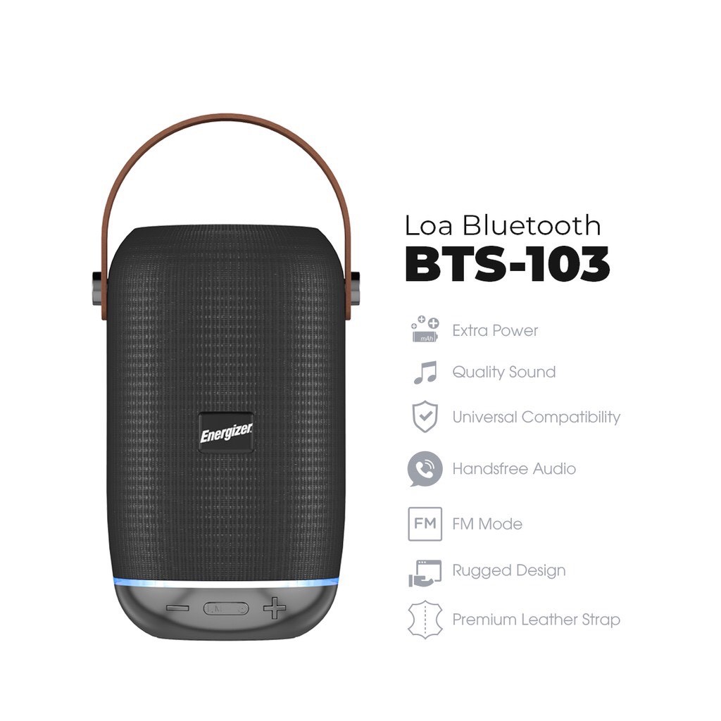 Loa Bluetooth Energizer Kèm Pin Dự Phòng BTS-103 tích hợp FM, Thẻ Micro SD, USB, AUX - Hàng Chính Hãng