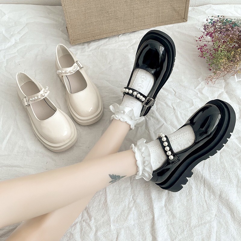 Giày búp bê lolita nữ đế cao cao cấp ulzzang mũi tròn phối quai ngọc xinh mã D36
