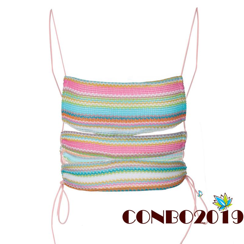 Hgm- Áo Crop Top Hai Dây Hở Lưng Họa Tiết Kẻ Sọc Nhiều Màu Sắc Cột Dây Gợi Cảm Mùa Hè Cho Nữ