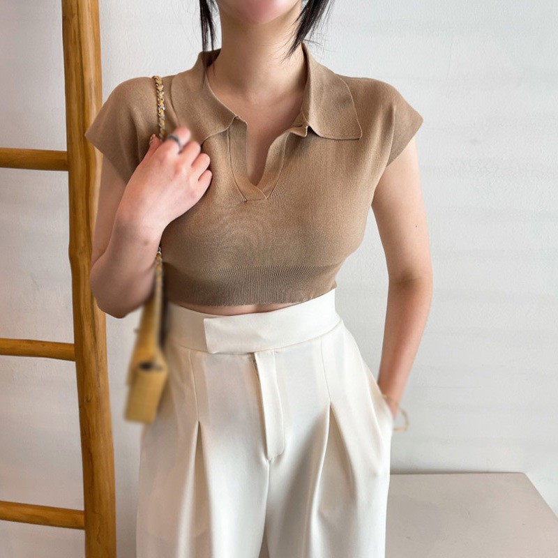 Áo Thun Dệt Kim Tay Ngắn Cổ Bẻ Màu Trơn Dáng Ôm Thời Trang Cho Nữ