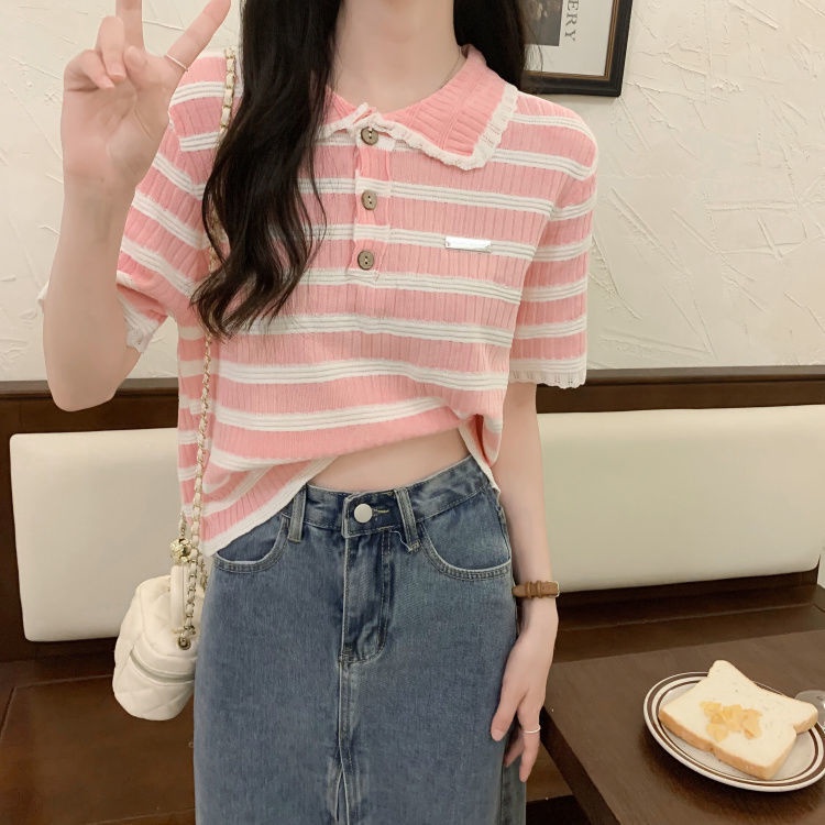 Áo polo Dệt Kim Tay Ngắn Họa Tiết Kẻ Sọc Màu Sắc Tương Phản Thời Trang Mùa Hè 2022 Cho Nữ