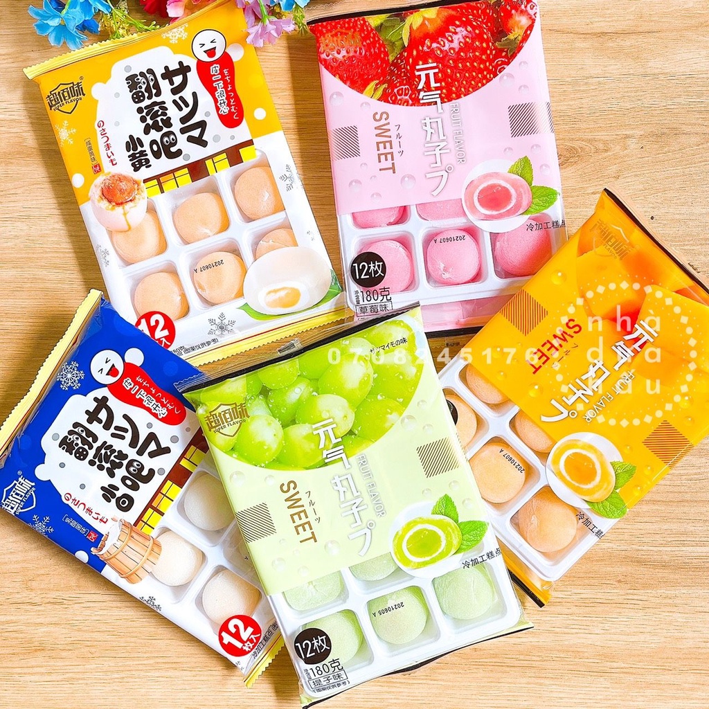 Mochi sữa nhân kem mứt trái cây/ mè đen/ khoai môn mix vị Đài Loan gói 180g gồm 12 cái