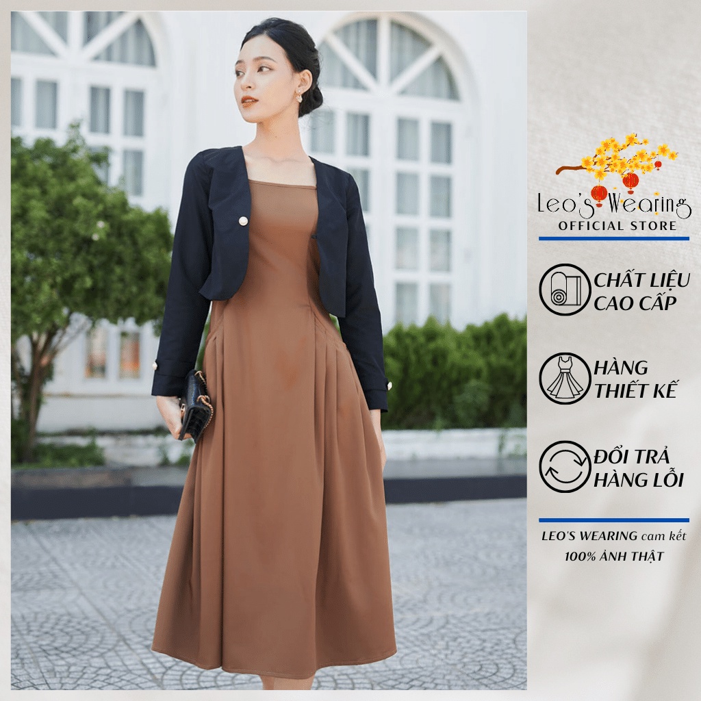 Set váy 2 dây LEOSWEARING Đầm công sở Váy maxi dáng dài có túi chiết eo 2 bên mix áo khoác lửng tay dài Set vay nữ D33